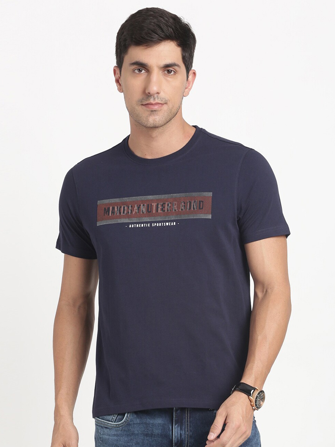 

Indian Terrain Typography Printed Pure Cotton Slim Fit T-shirt, Navy blue