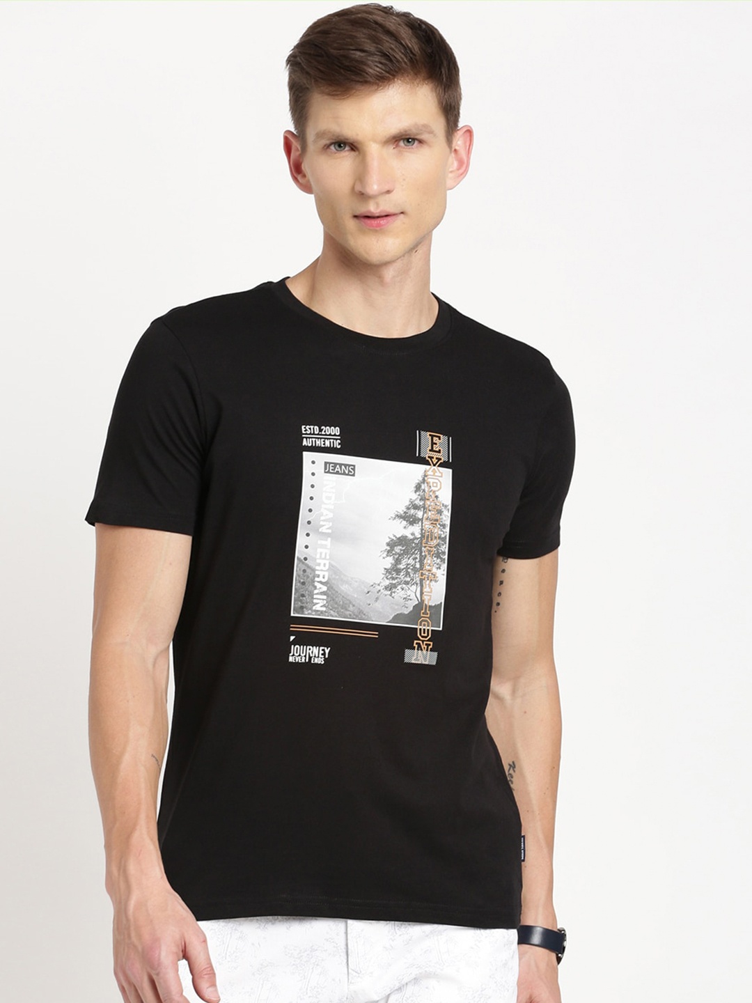 

Indian Terrain Graphic Printed Pure Cotton Slim Fit T-shirt, Black
