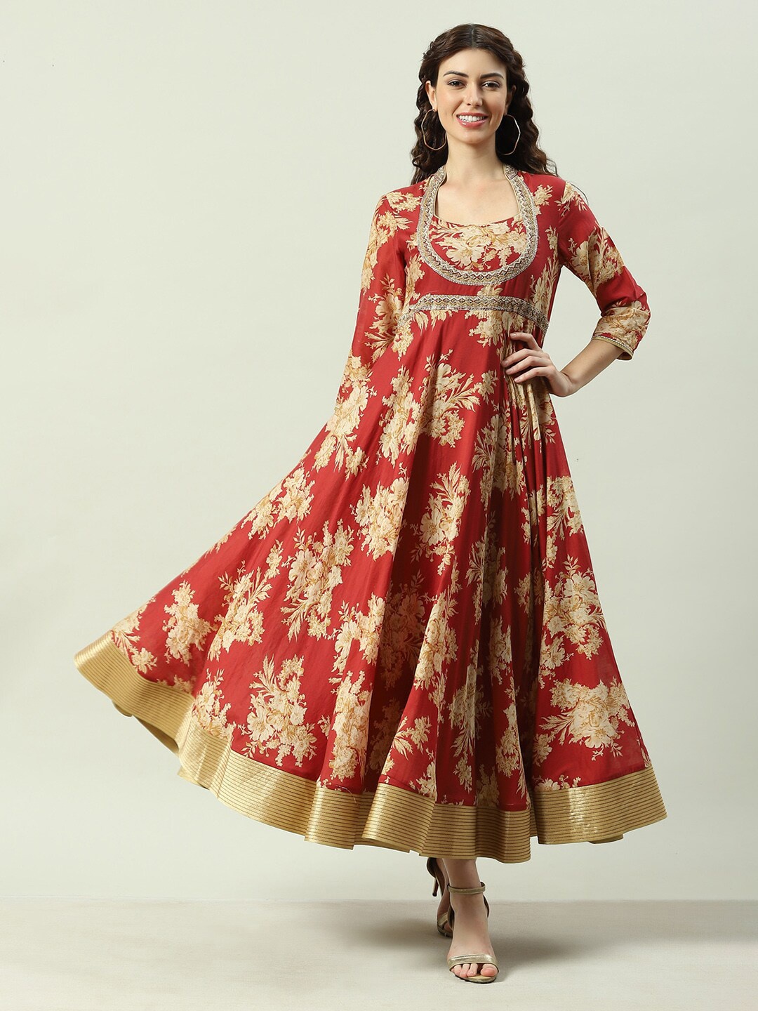 

Biba Floral Printed Sequin Details Cotton Maxi Dress, Red