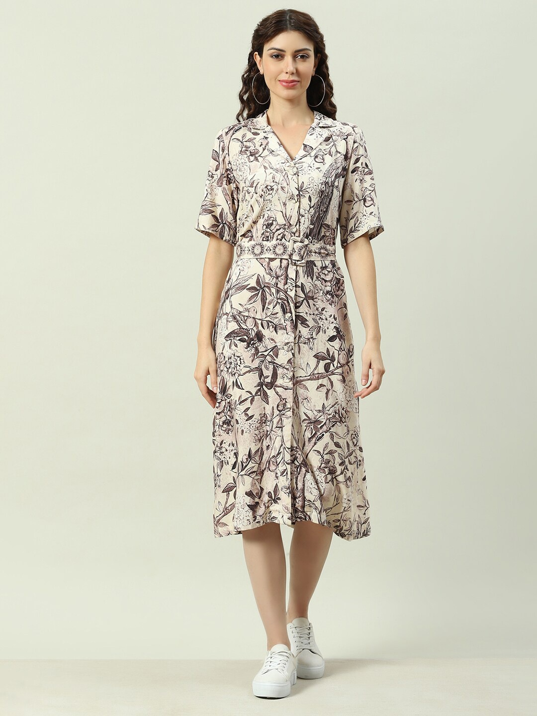 

Biba Floral Printed Cuban Shirt Collar Casual Shirt Midi Dress, Beige