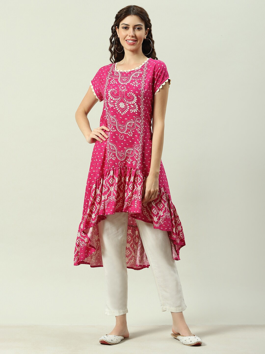 

Biba Ethnic Motifs Printed High Low A-line Kurta, Pink