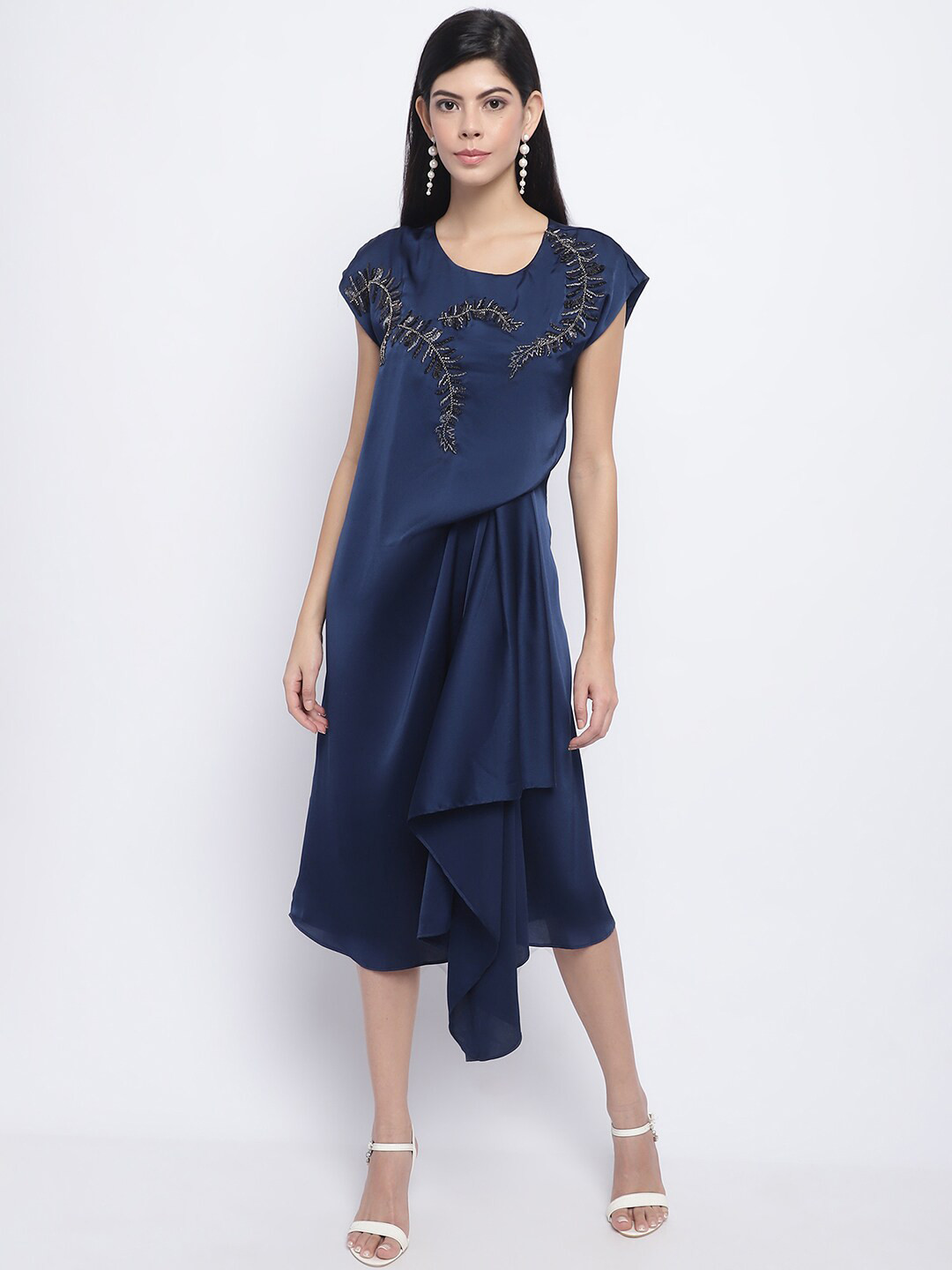 

CHIQUE Floral Embellished A-Line Midi Dress, Navy blue