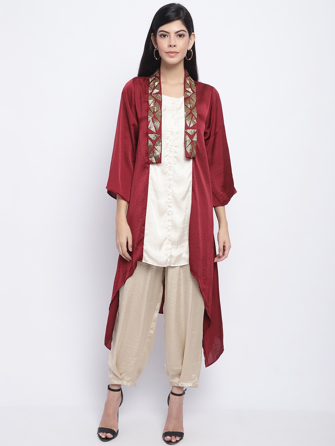 

CHIQUE Zardozi Embellished Satin Kurta With Front Open, Maroon