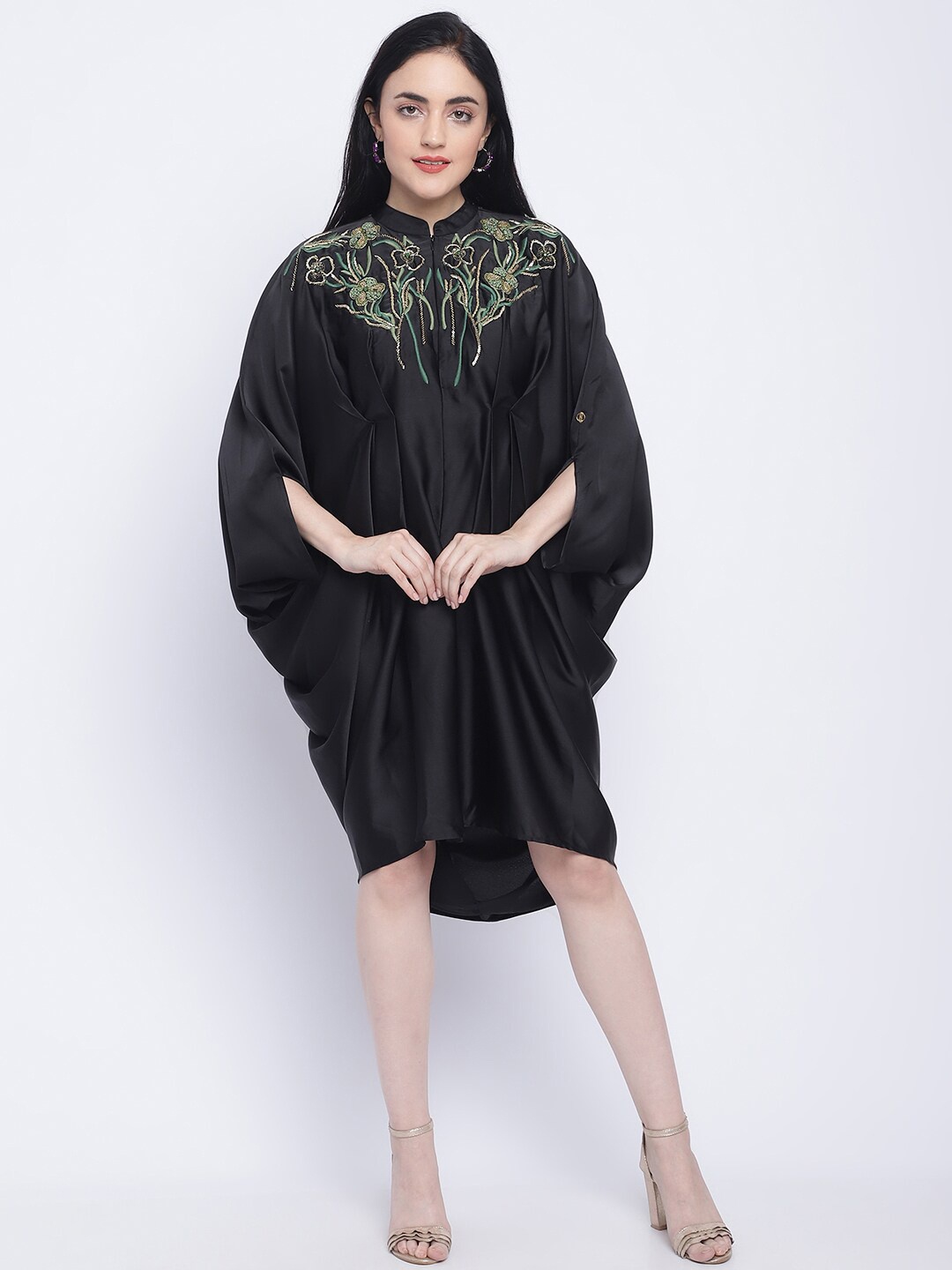 

CHIQUE Floral Embroidered Mandarin Collar Flared Sleeves Pleated Detail Shirt Dress, Black