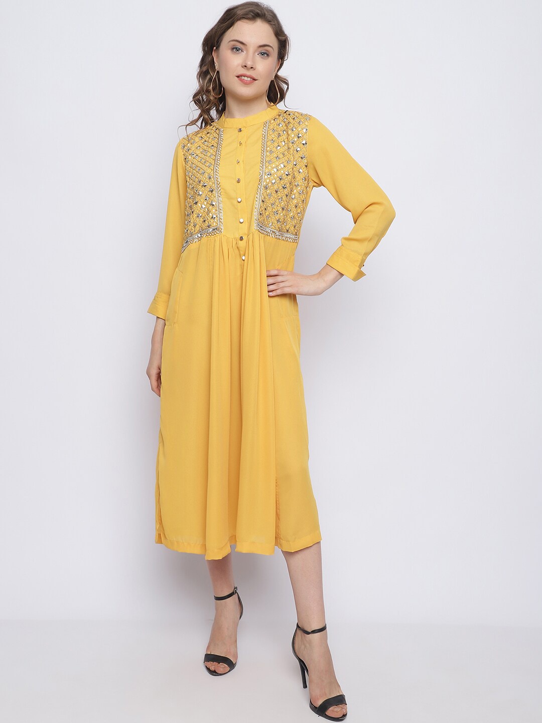 

CHIQUE Three-Quarter Sleeves Fit & Flare Midi Dress, Mustard