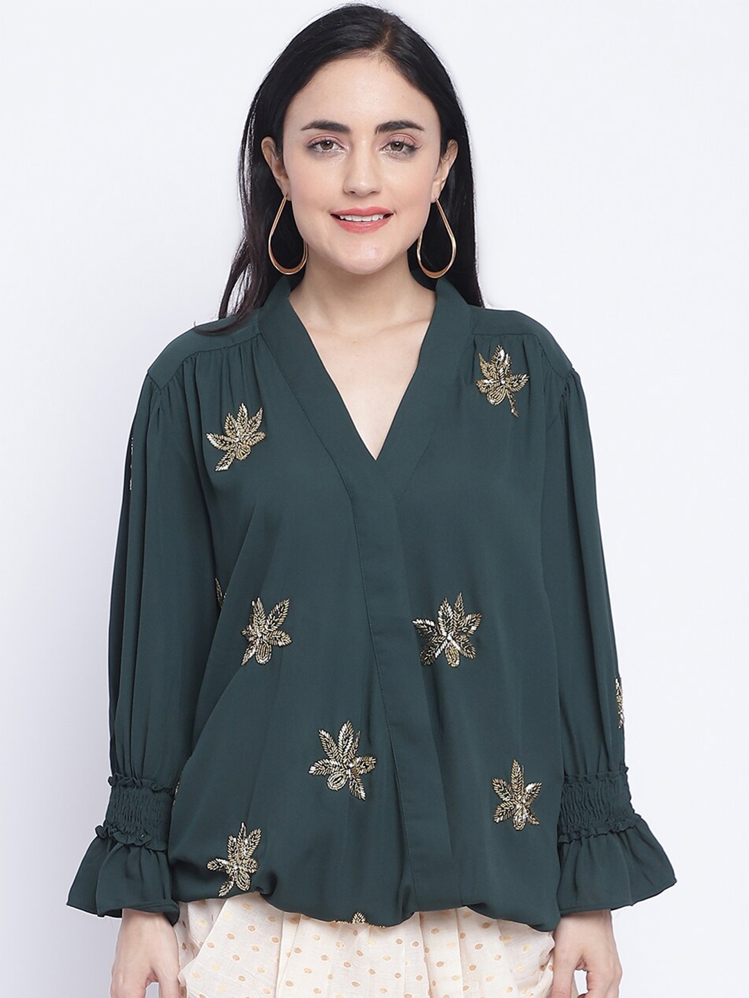 

CHIQUE Floral Opaque Printed V-Neck Party Shirt, Green