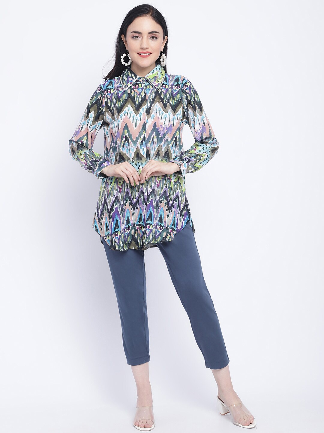 

CHIQUE Abstract Printed Embellished Casual Georgette Shirt, Blue