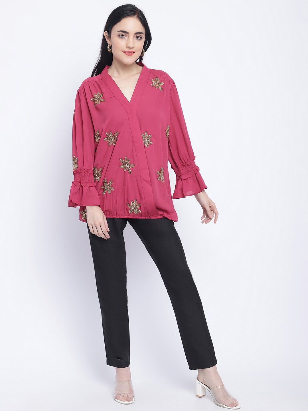 

CHIQUE Opaque Embellished Wrap Top, Pink