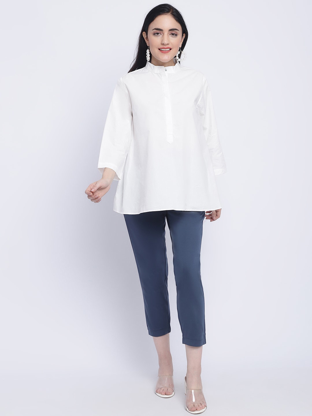 

CHIQUE Mandarin Collar Cotton Shirt Style Top, White