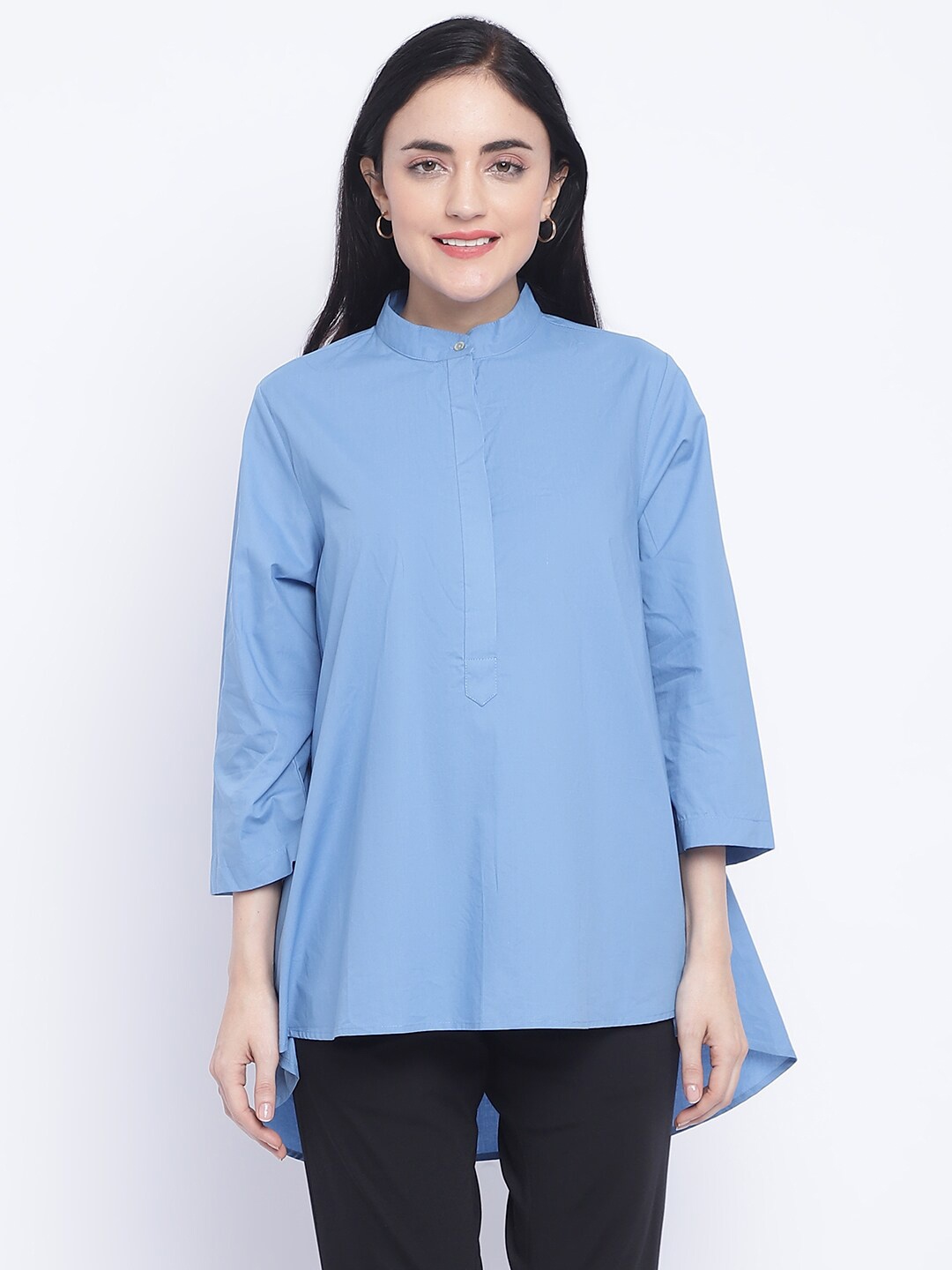 

CHIQUE Band Collar Cotton Shirt, Blue