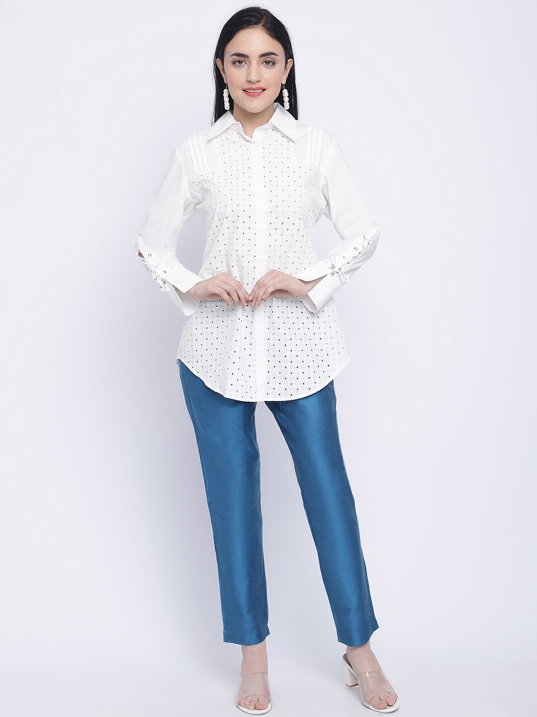 

CHIQUE Schiffli Self Design Casual Shirt, White