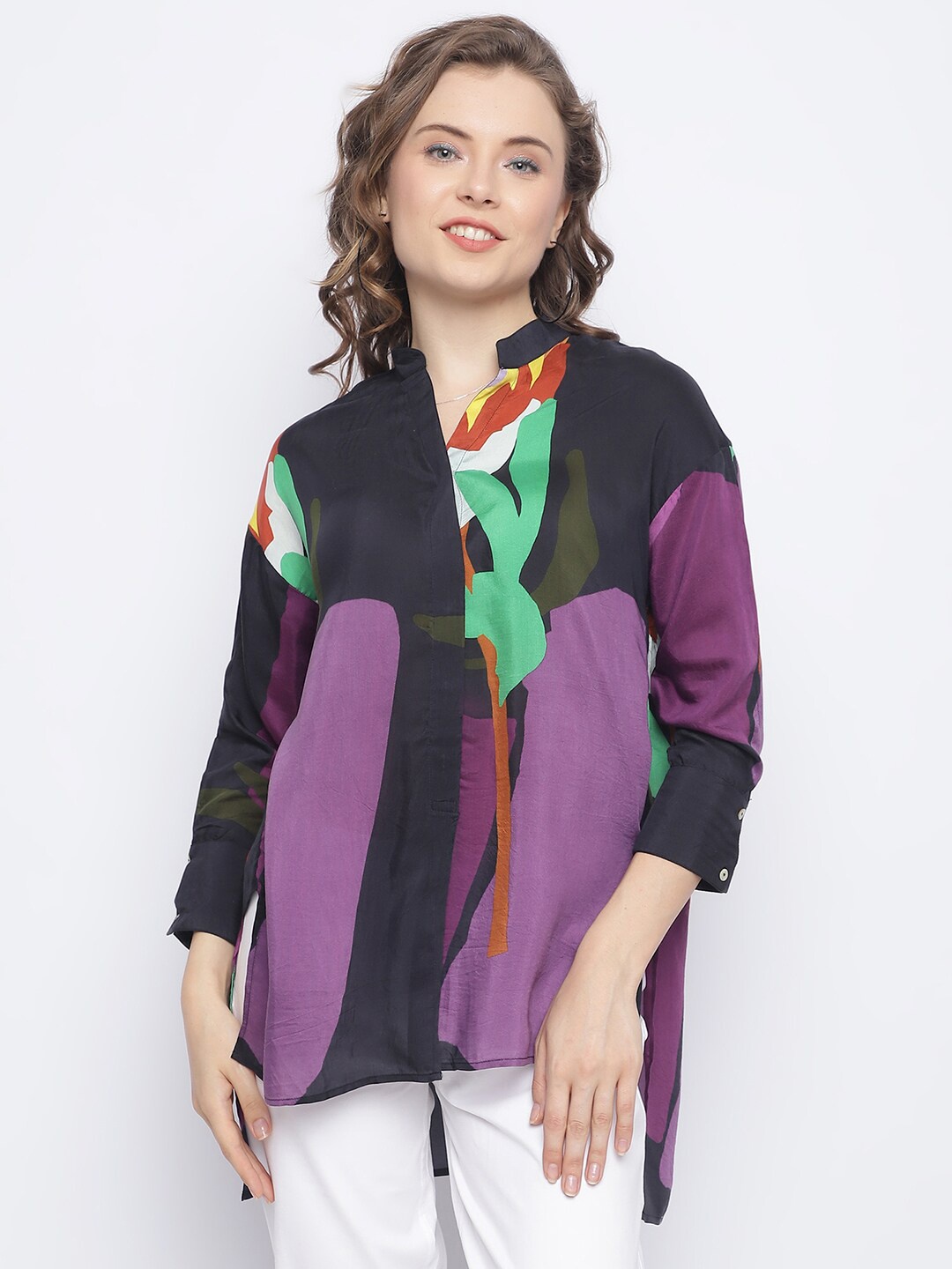 

CHIQUE Mandarin Collar Casual Shirt, Black