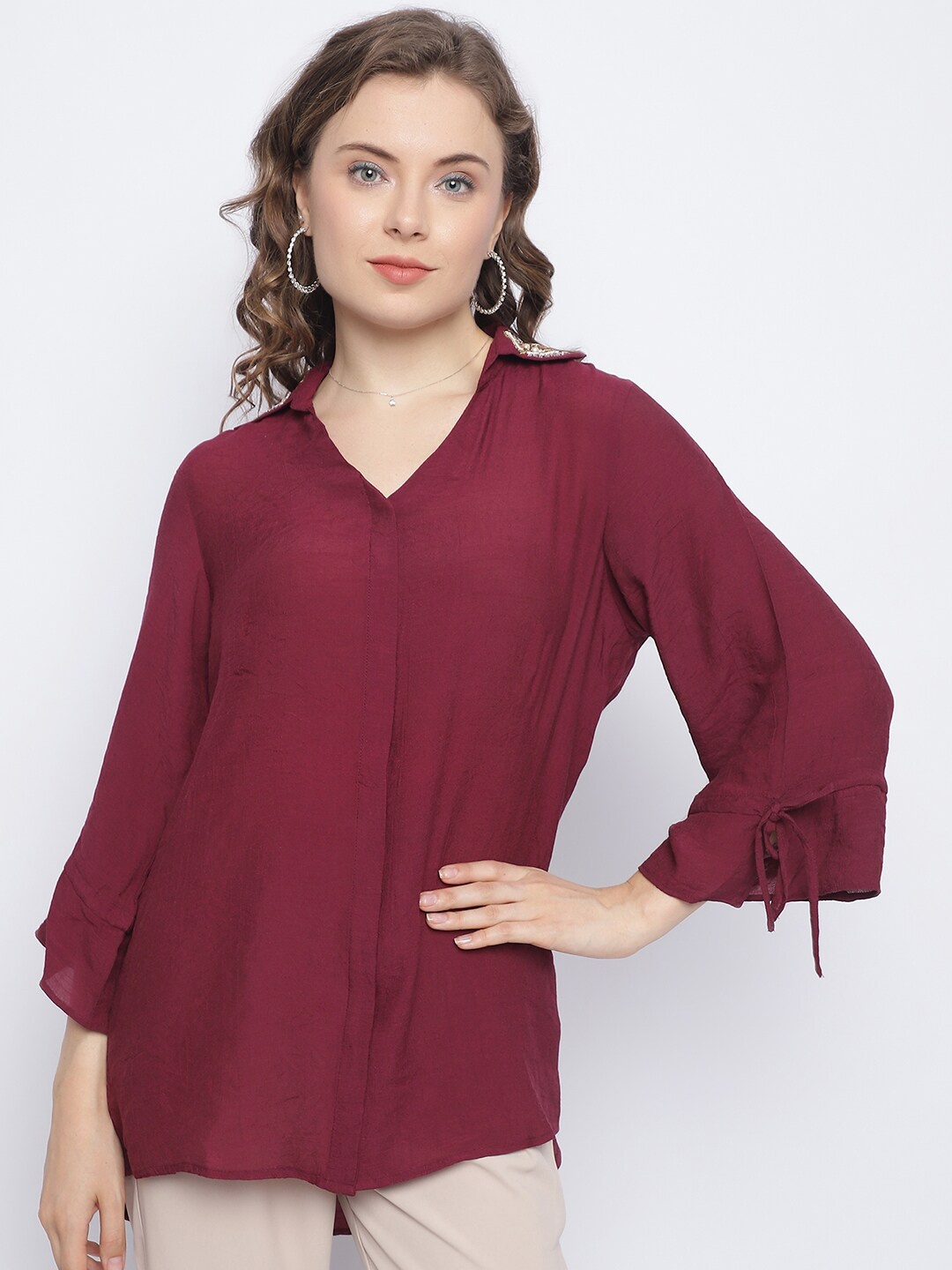 

CHIQUE Shirt Collar Shirt Style Top, Maroon