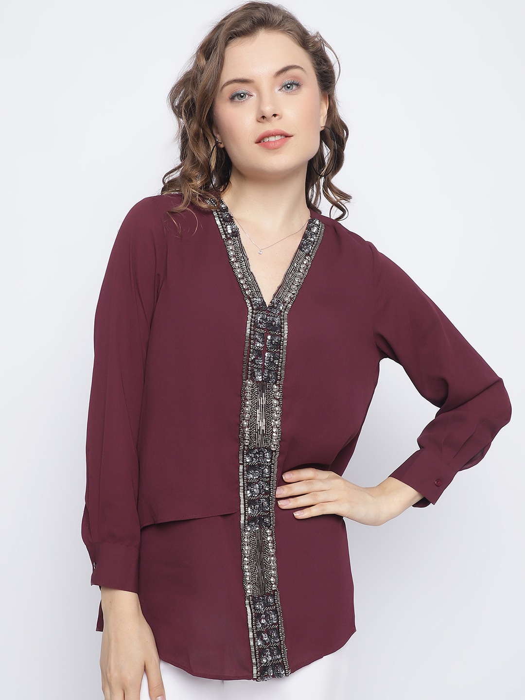

CHIQUE Collarless Party Shirt, Maroon