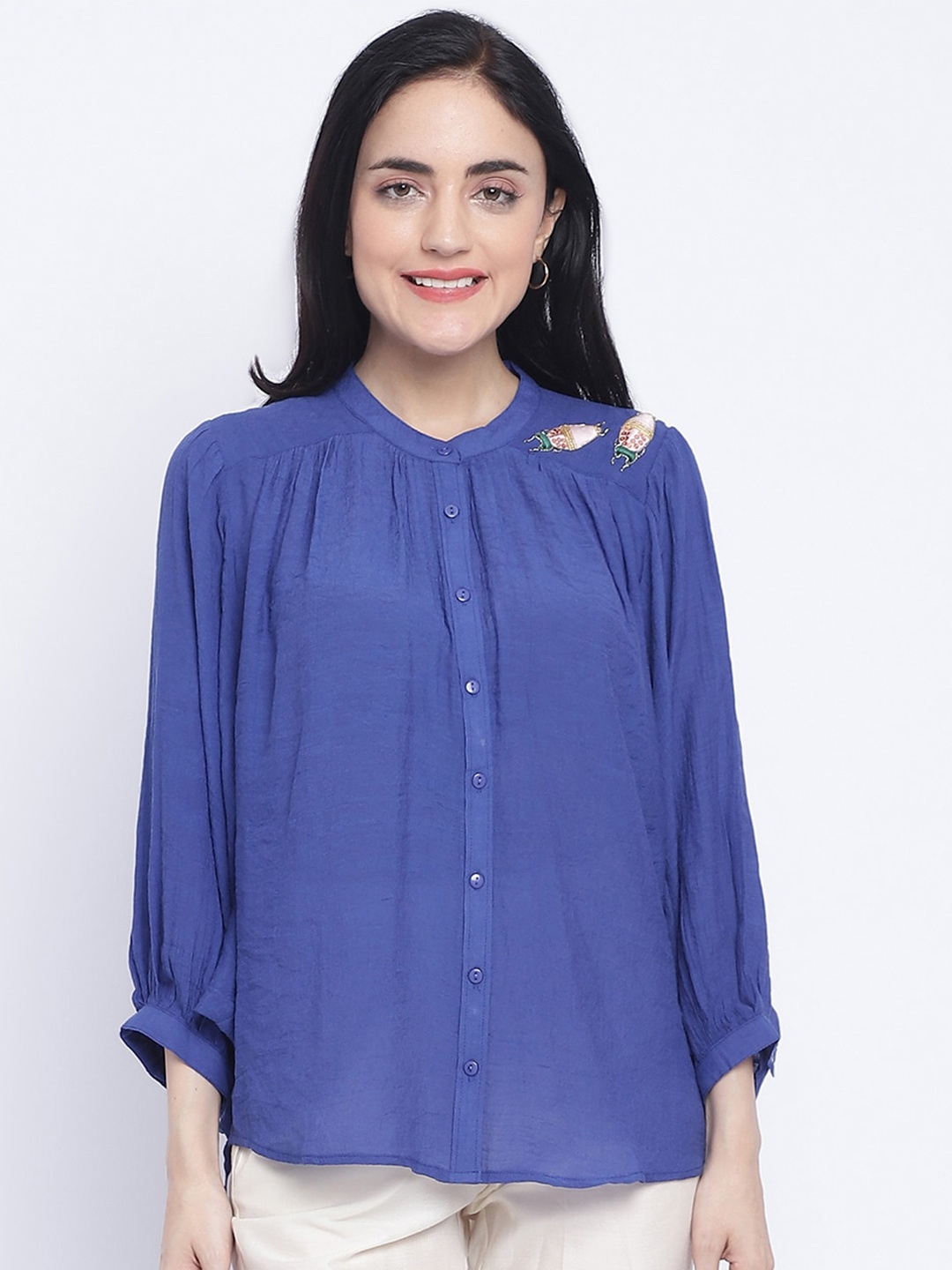 

CHIQUE Mandarin Collar Opaque Shirt Style Top With Sequinned Work, Blue