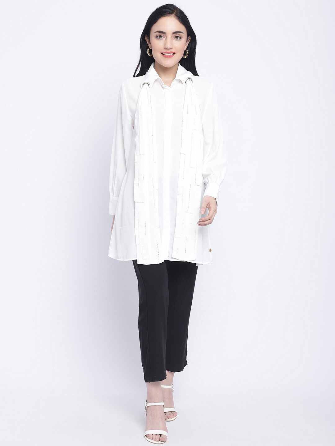 

CHIQUE Spread Collar Longline Casual Georgette Shirt, White