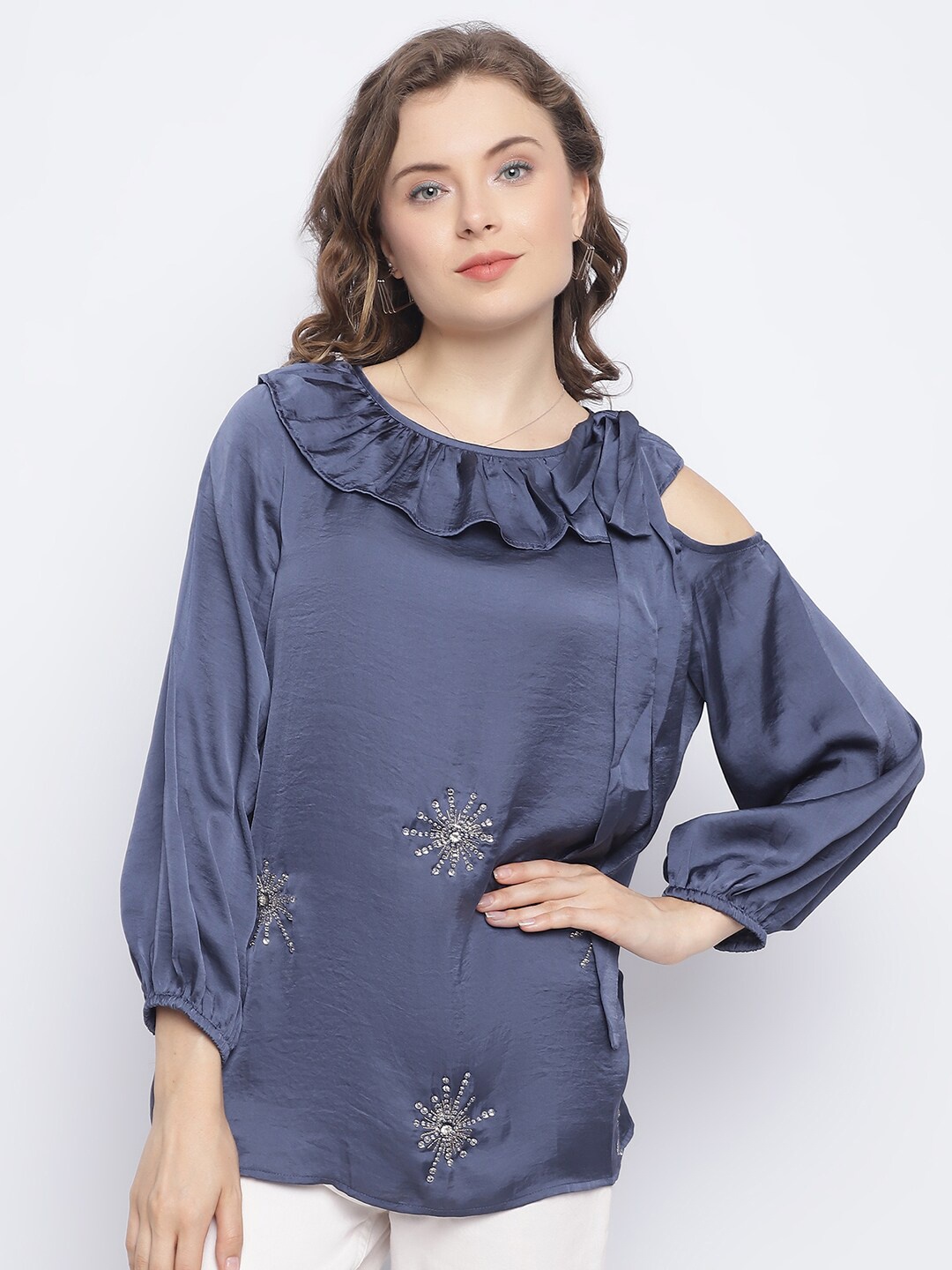 

CHIQUE Embellished Puff Sleeves Sequinned Top, Blue