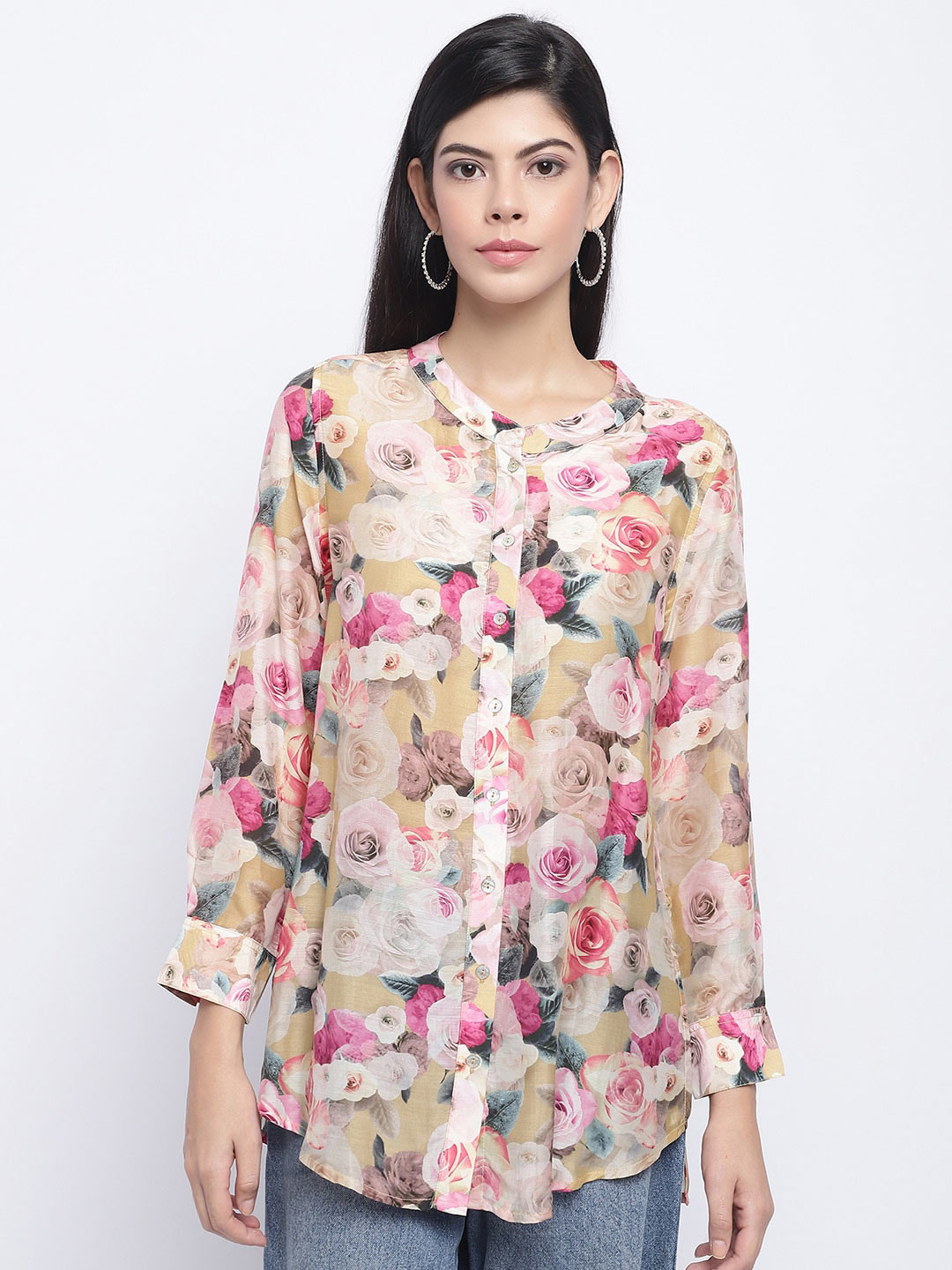 

CHIQUE Floral Printed Mandarin Collar Longline Casual Shirt, Mustard