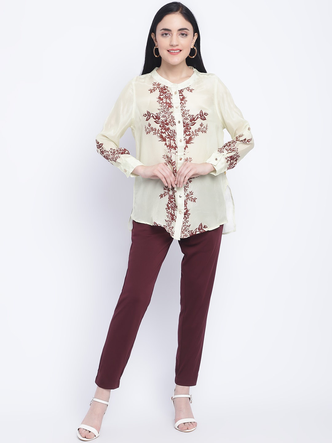 

CHIQUE Floral Printed Mandarin Collar Cotton Top, Cream