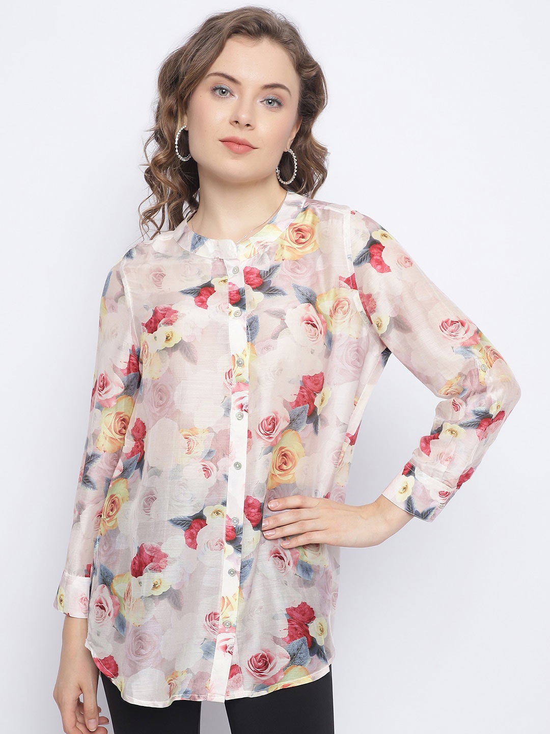 

CHIQUE Floral Opaque Printed Band Collar Tunic, White
