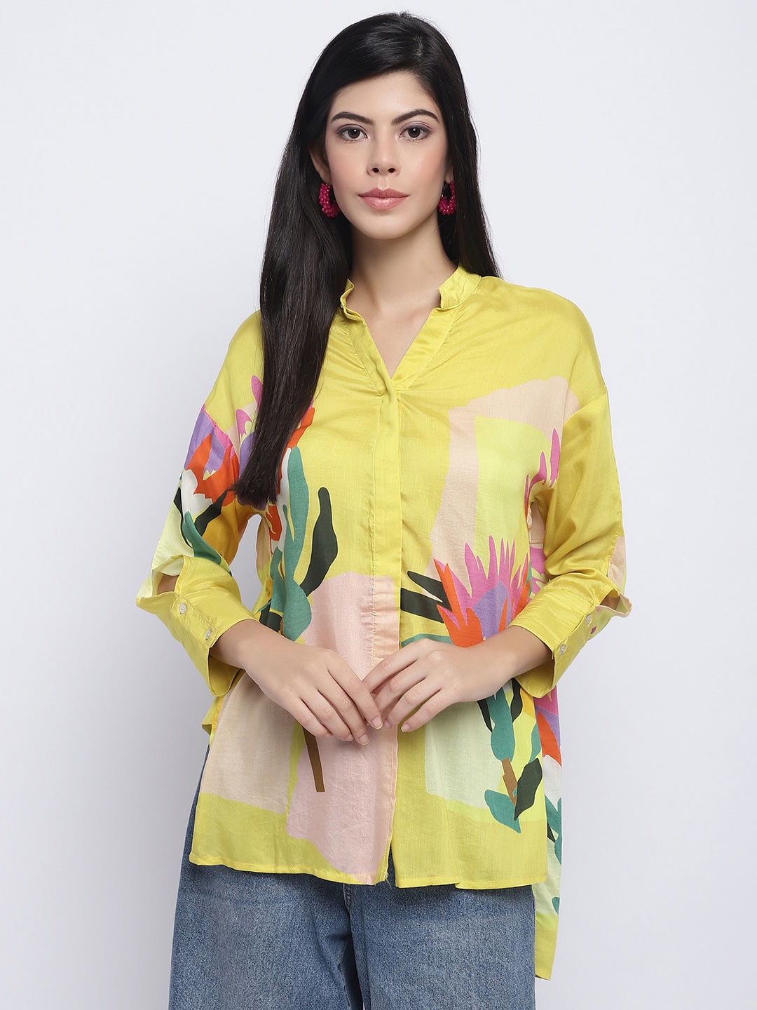 

CHIQUE Floral Printed Band Collar Opaque High-Low Hem Casual Shirt, Yellow