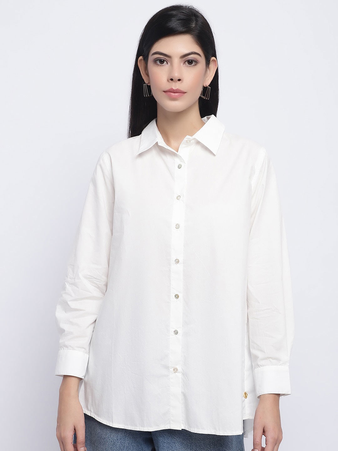 

CHIQUE Spread Collar Opaque Cotton Casual Shirt, White