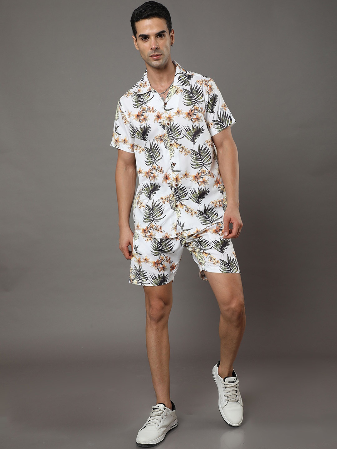 

Bushirt Tropical Printed Shirt With Shorts Co-Ords Set, White