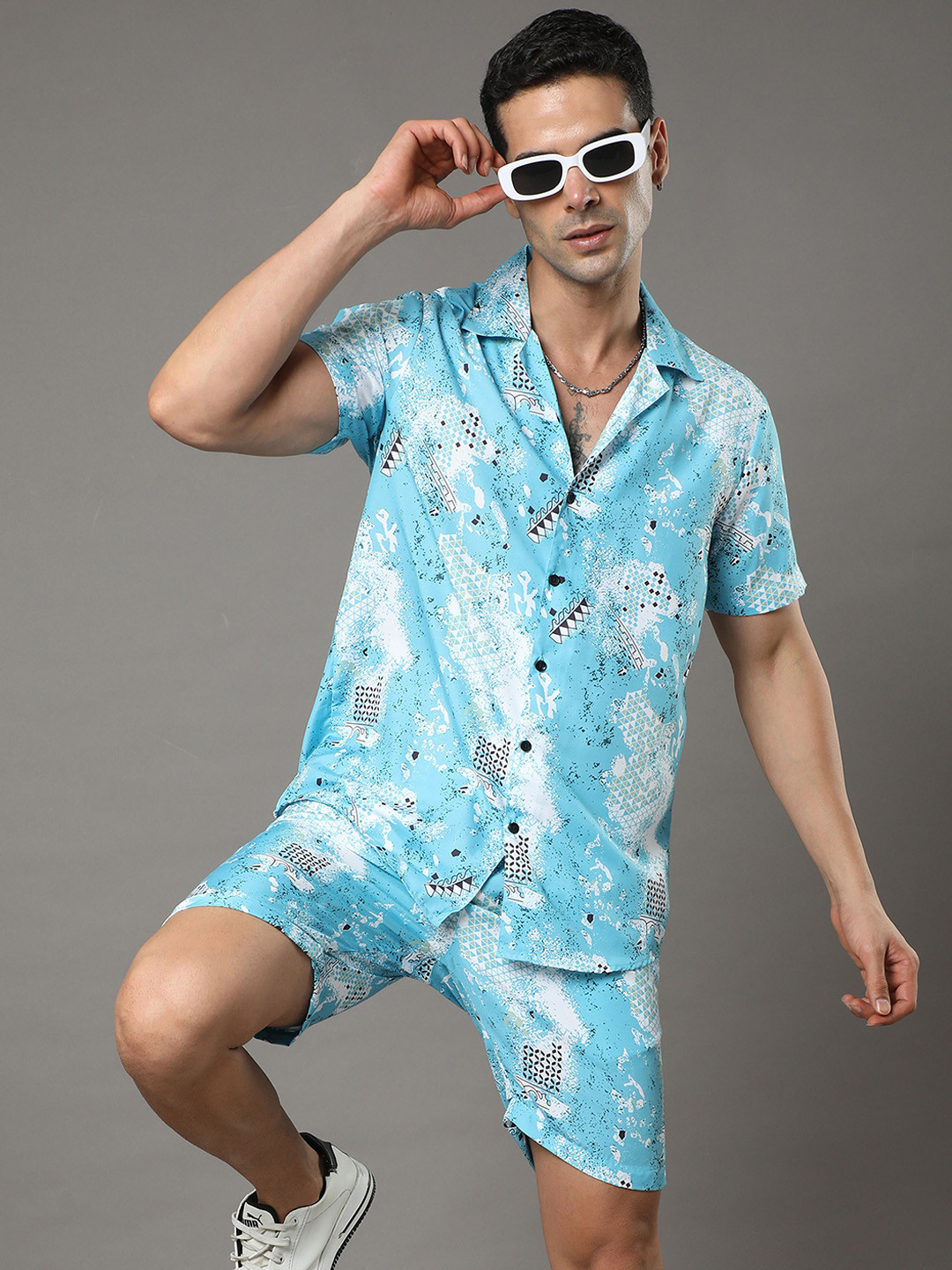 

Bushirt Abstract Printed Shirt With Shorts Co-Ords Set, Blue