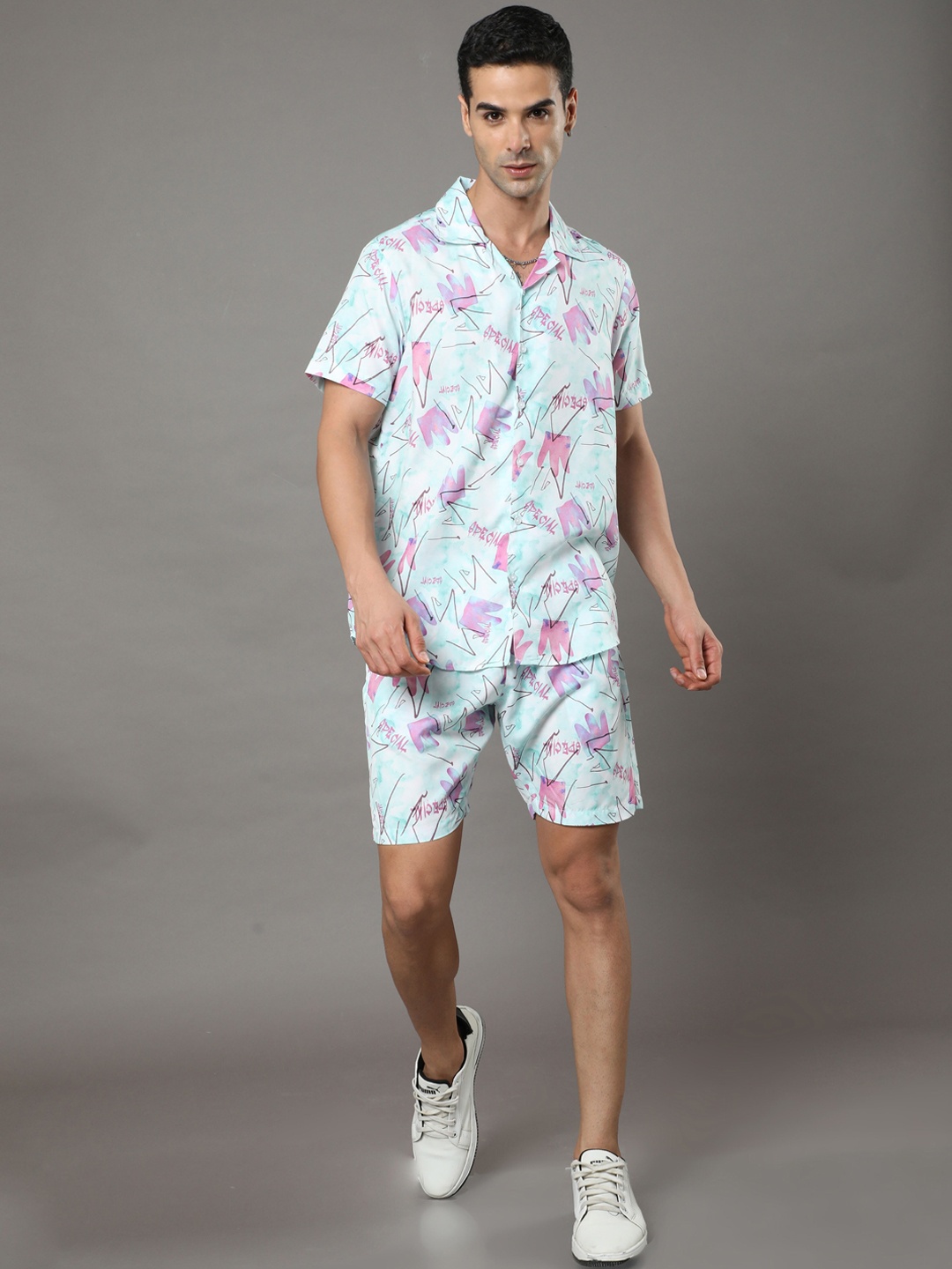 

Bushirt Abstract Printed Shirt With Shorts Co-Ords Set, Blue