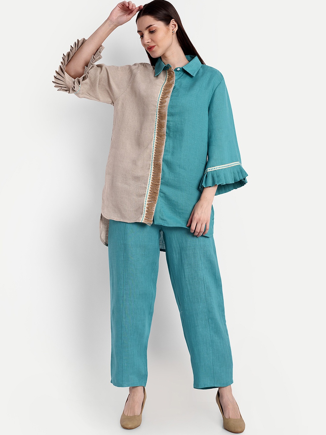 

iki chic Colourblocked High Low Shirt With Straight Pants, Turquoise blue