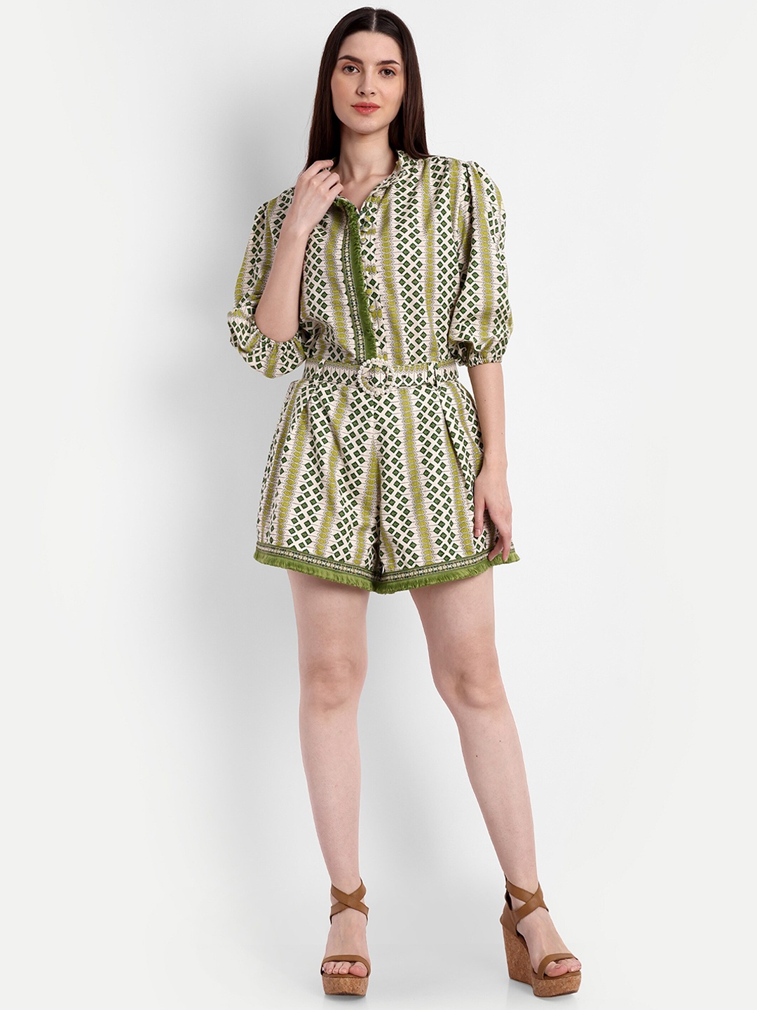 

iki chic White & Green Geometric Printed Pure Cotton Top & Short