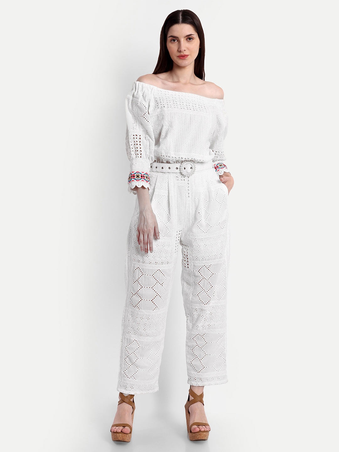 

iki chic White Off-Shoulder Pure Cotton Jumpsuit