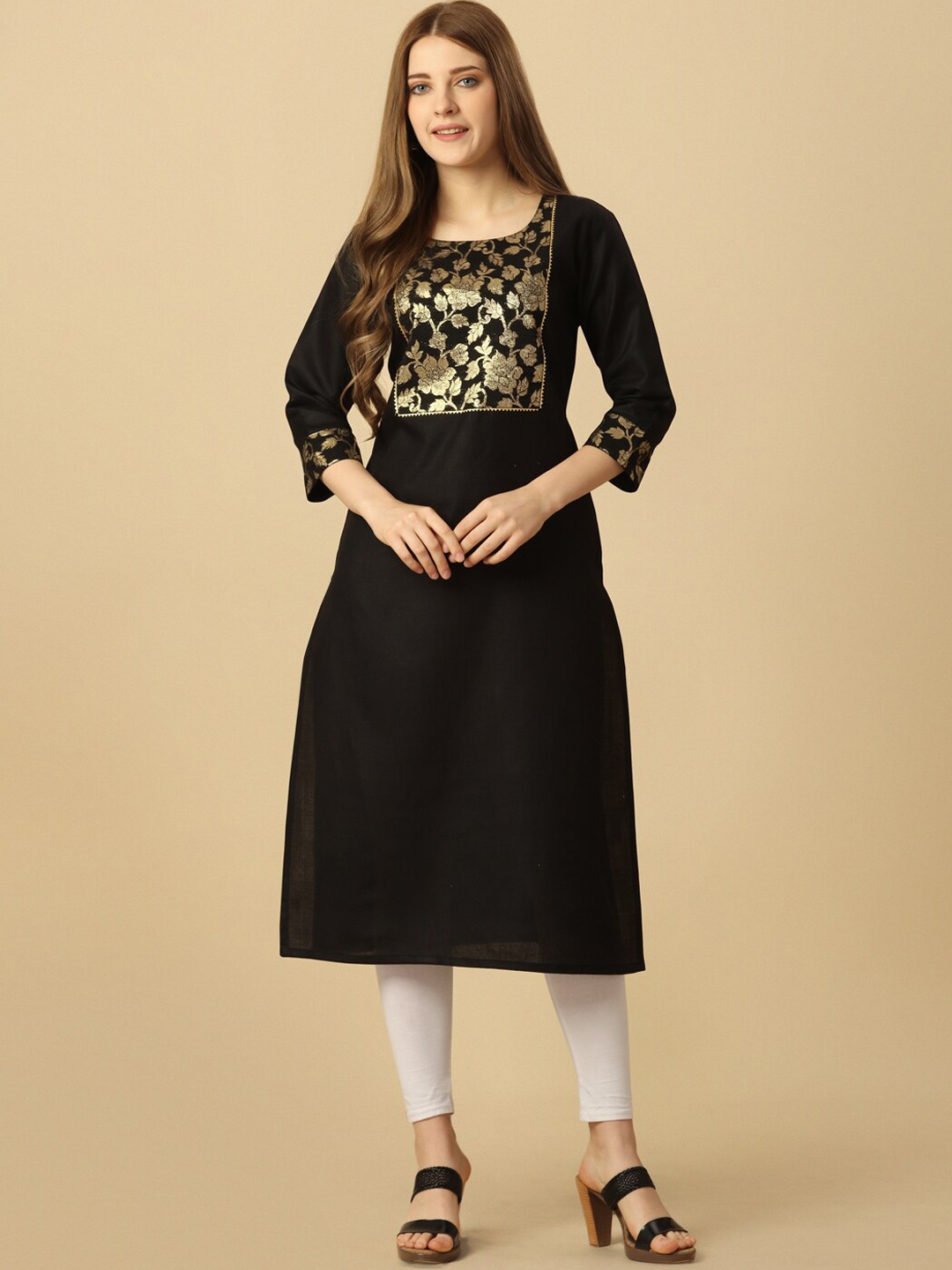 

HERE&NOW Black & Gold Square Neck Yoke Design Cotton Kurta