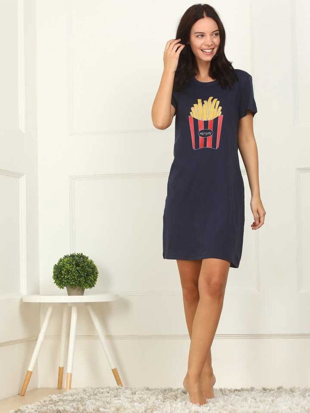 

HERE&NOW Navy Blue Graphic Printed T-shirt Nightdress