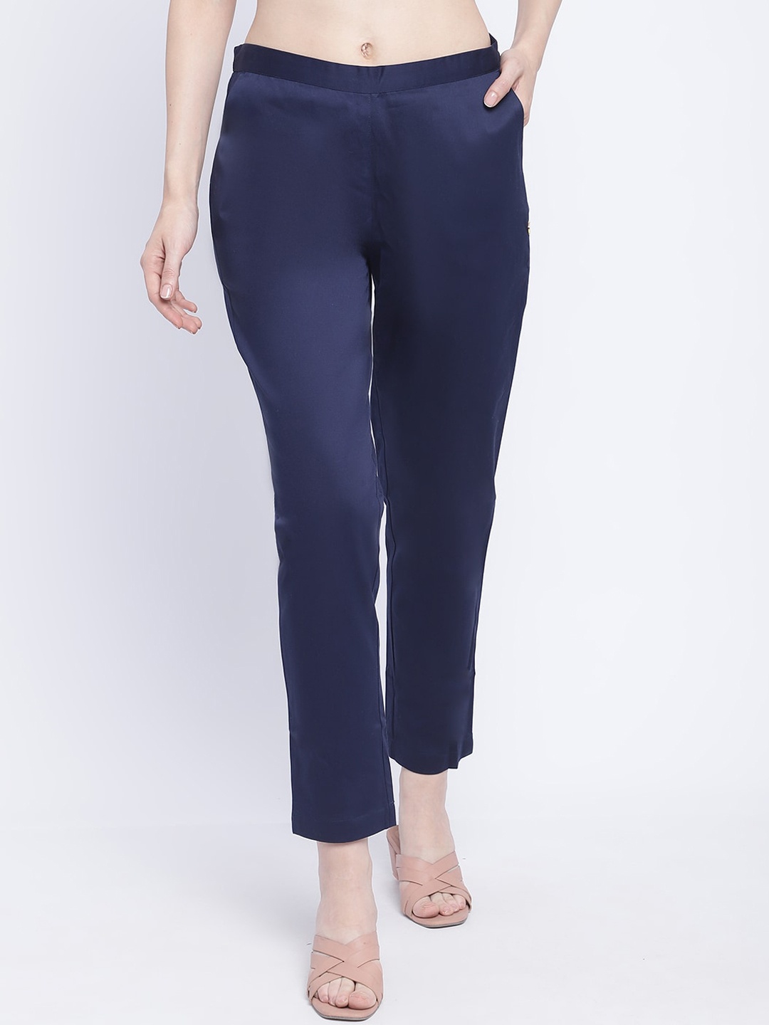 

CHIQUE Women Mid-Rise Cigarette Cotton Trousers, Navy blue