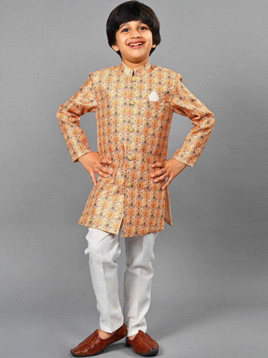 

BAESD Boys Mandarin Collar Ethnic Motifs Printed Sherwani with Pyjamas, Orange