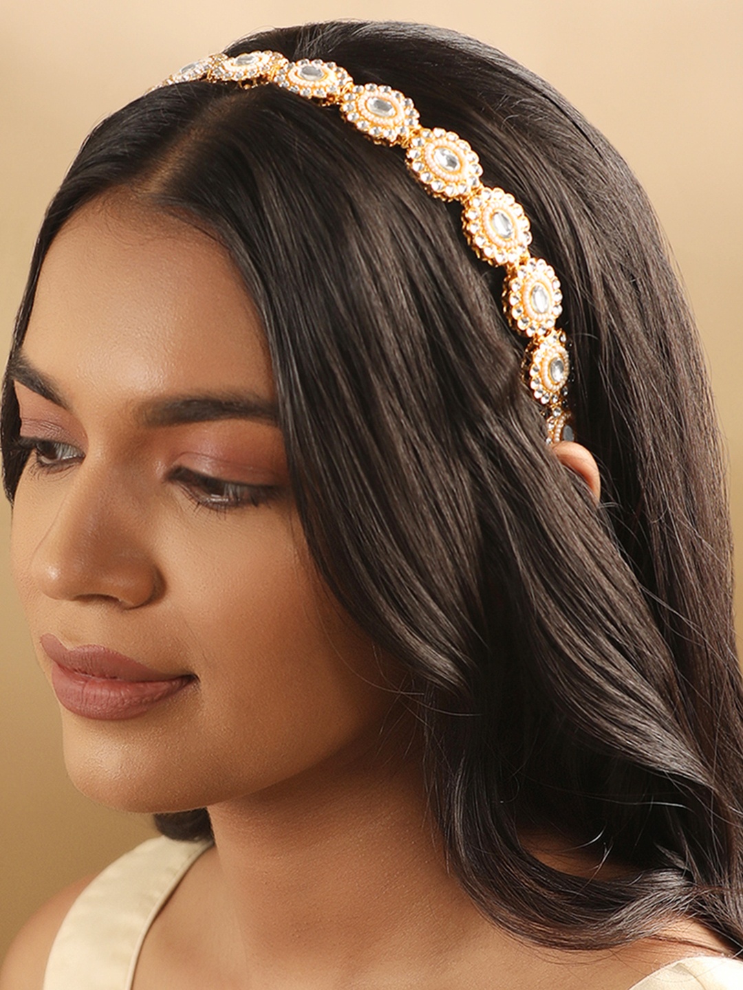 

Rubans Kundan-Studded Embellished Hairband, Gold