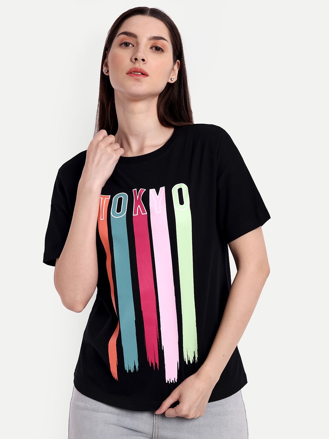 

iki chic Graphic Printed Pure Cotton T-shirt, Black