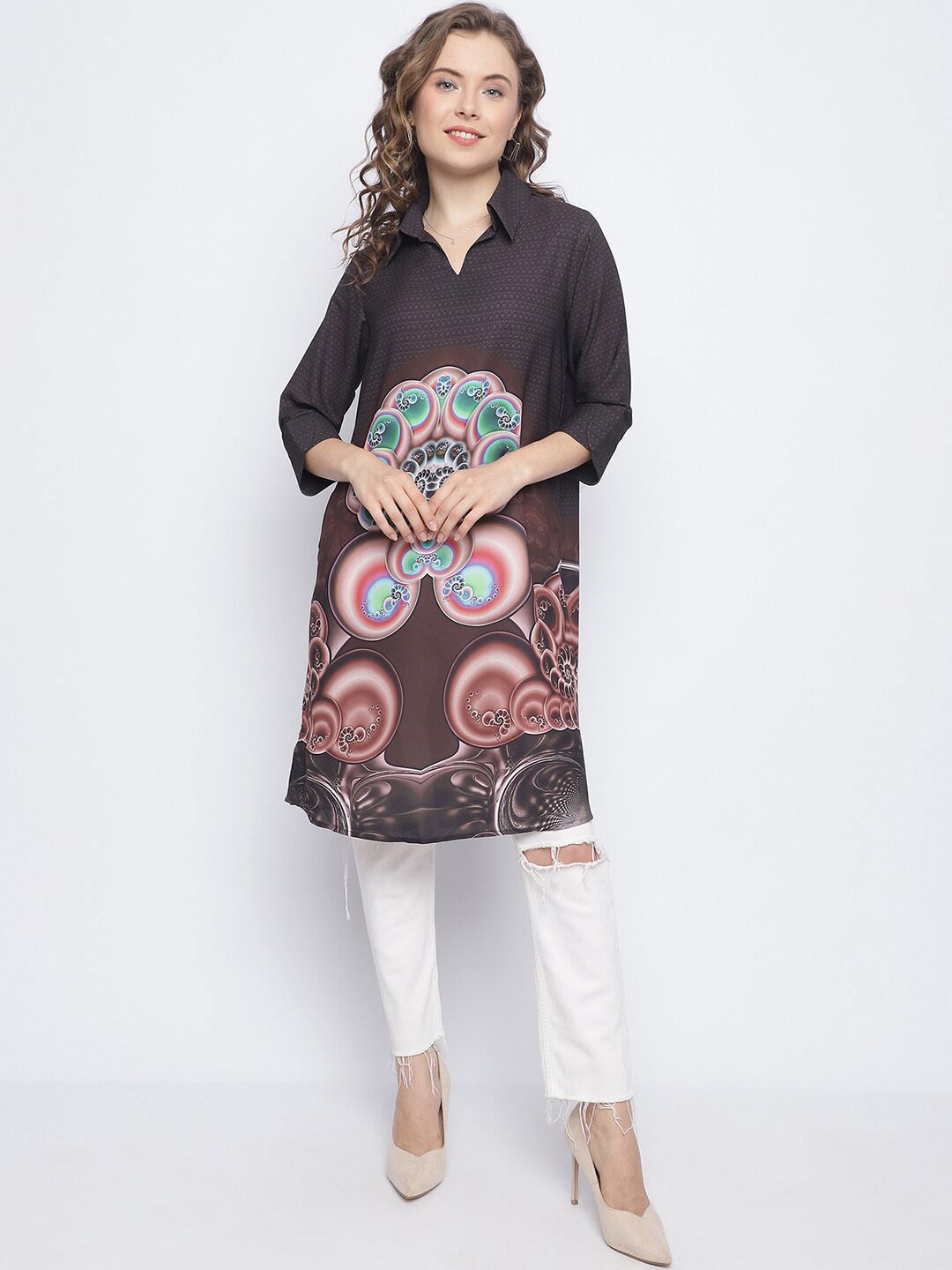 

CHIQUE Printed Shirt Collar Tunic, Brown