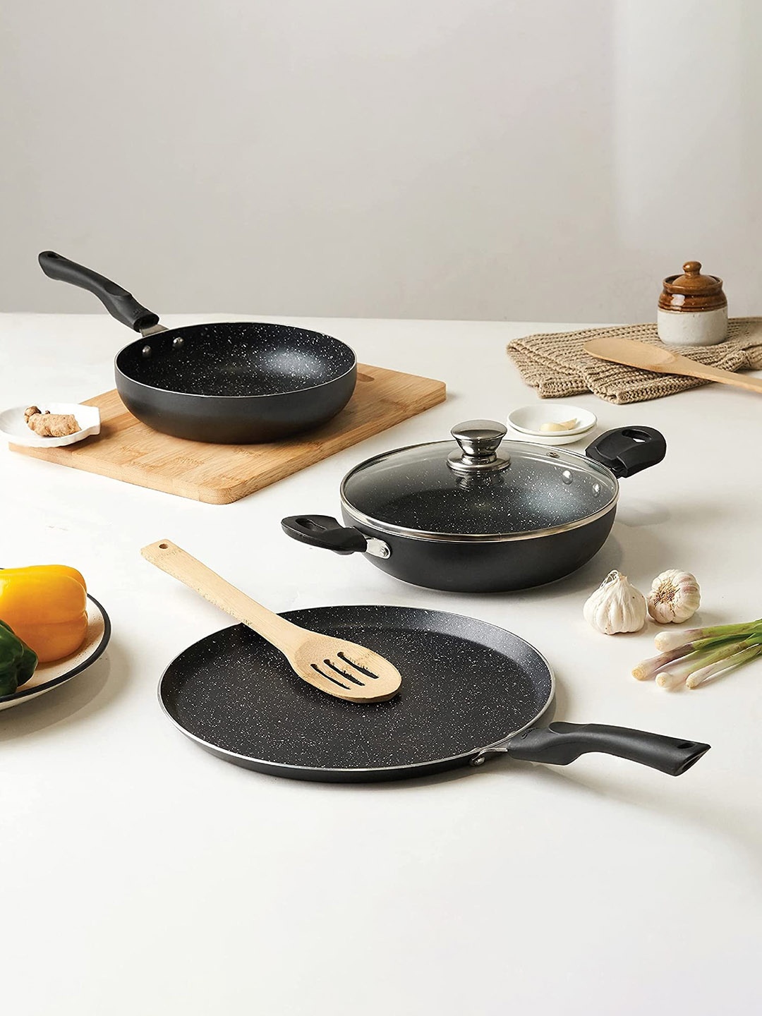 

Cello Crown Set of 3 Black Induction Base Cookware Set with Spatter & Bakelite Handles