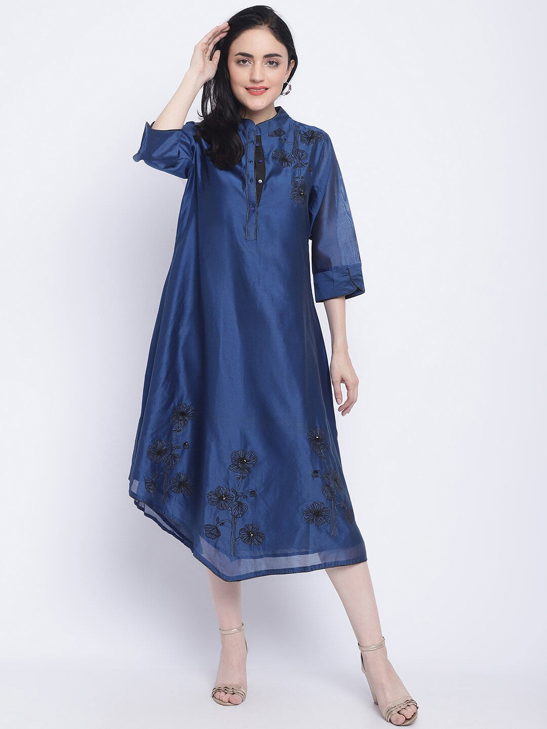

CHIQUE Floral Embroidered Detail Midi Ethnic Dress, Navy blue