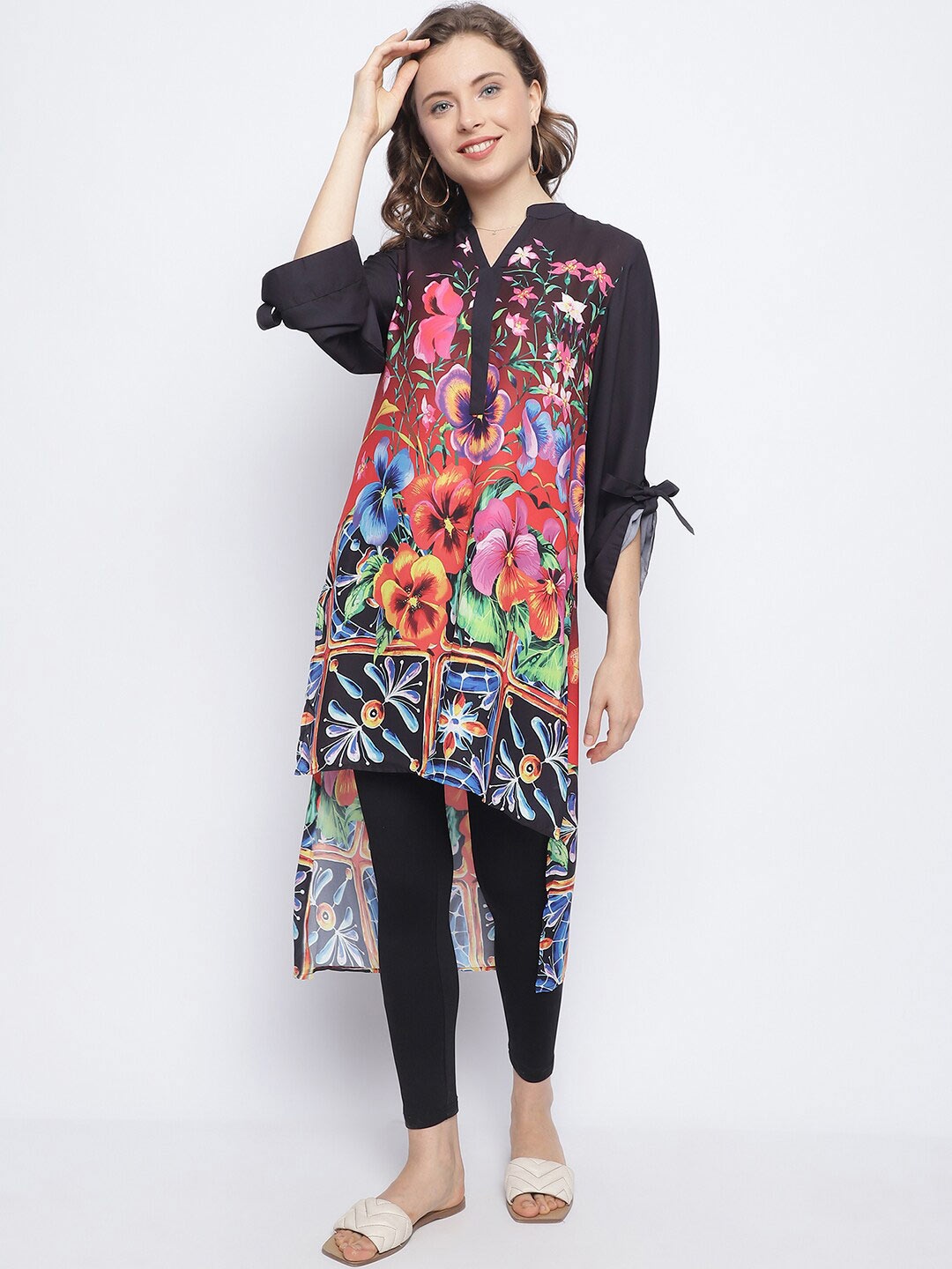 

CHIQUE Printed Mandarin Collar Tunic, Red
