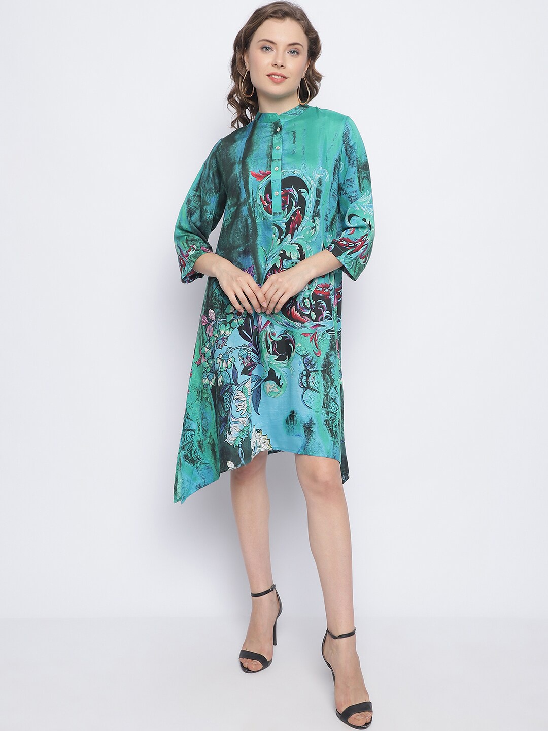 

CHIQUE Floral Printed Mandarin Collar A-Line Dress, Blue