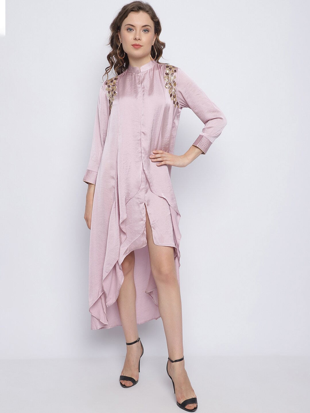 

CHIQUE Mandarin Collar Cuffed Sleeves Embellished A-Line Midi Dress, Mauve