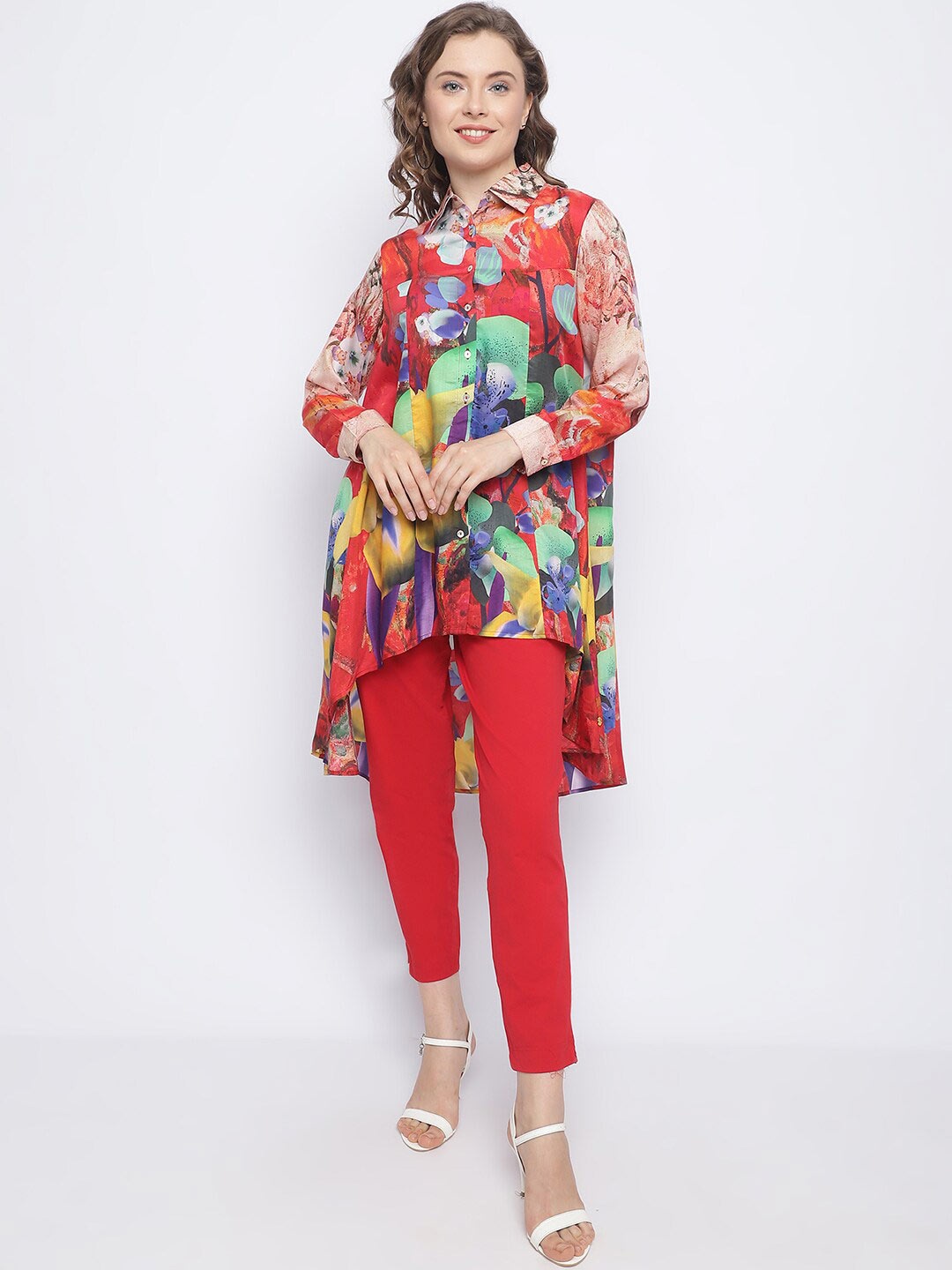 

CHIQUE Printed Shirt Collar Tunic, Red