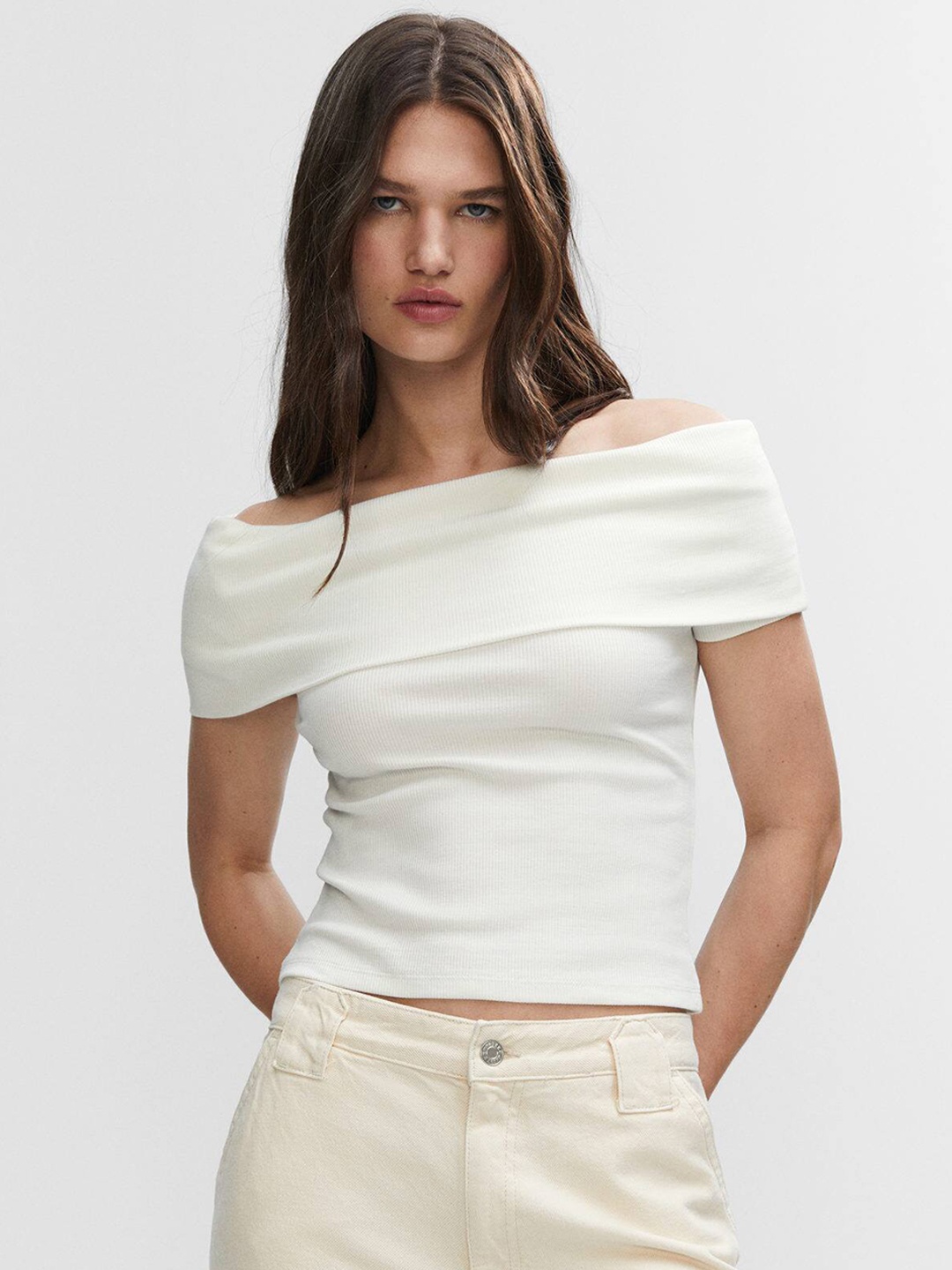 

MANGO Off-Shoulder Bardot Crop Top, White