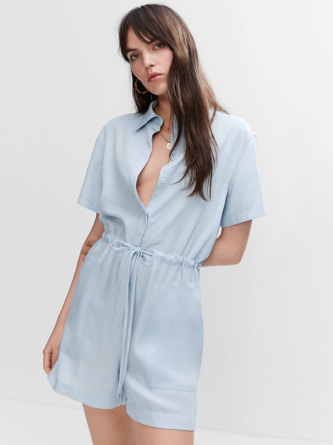 

MANGO Solid Belted Playsuit, Blue