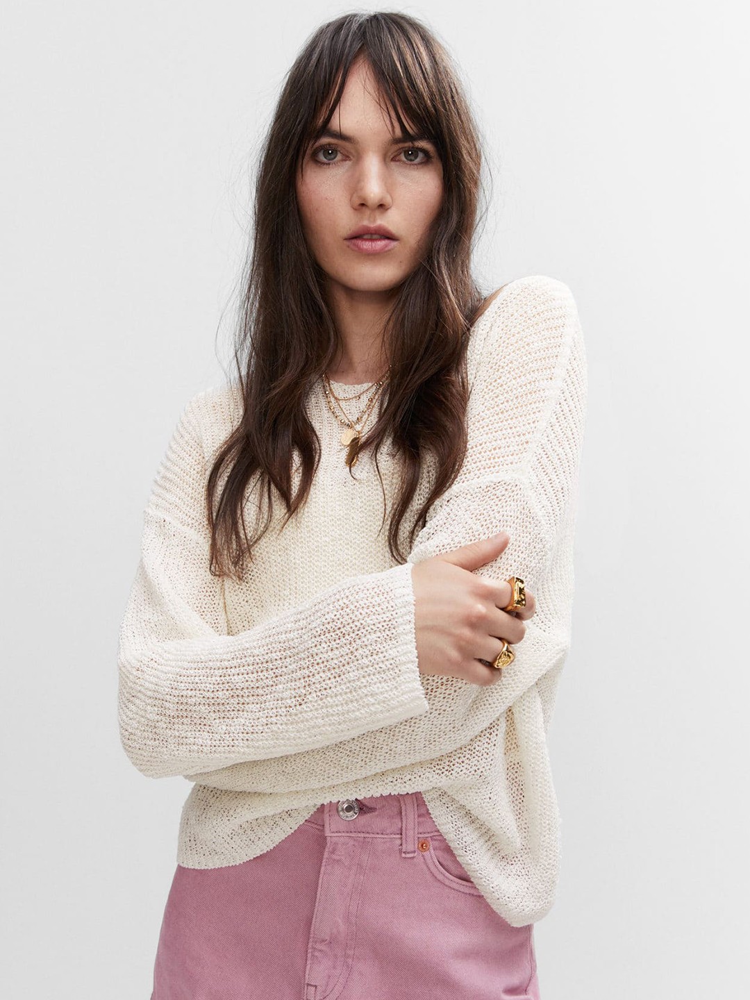 

MANGO Oversized Open Knit Pullover, Cream
