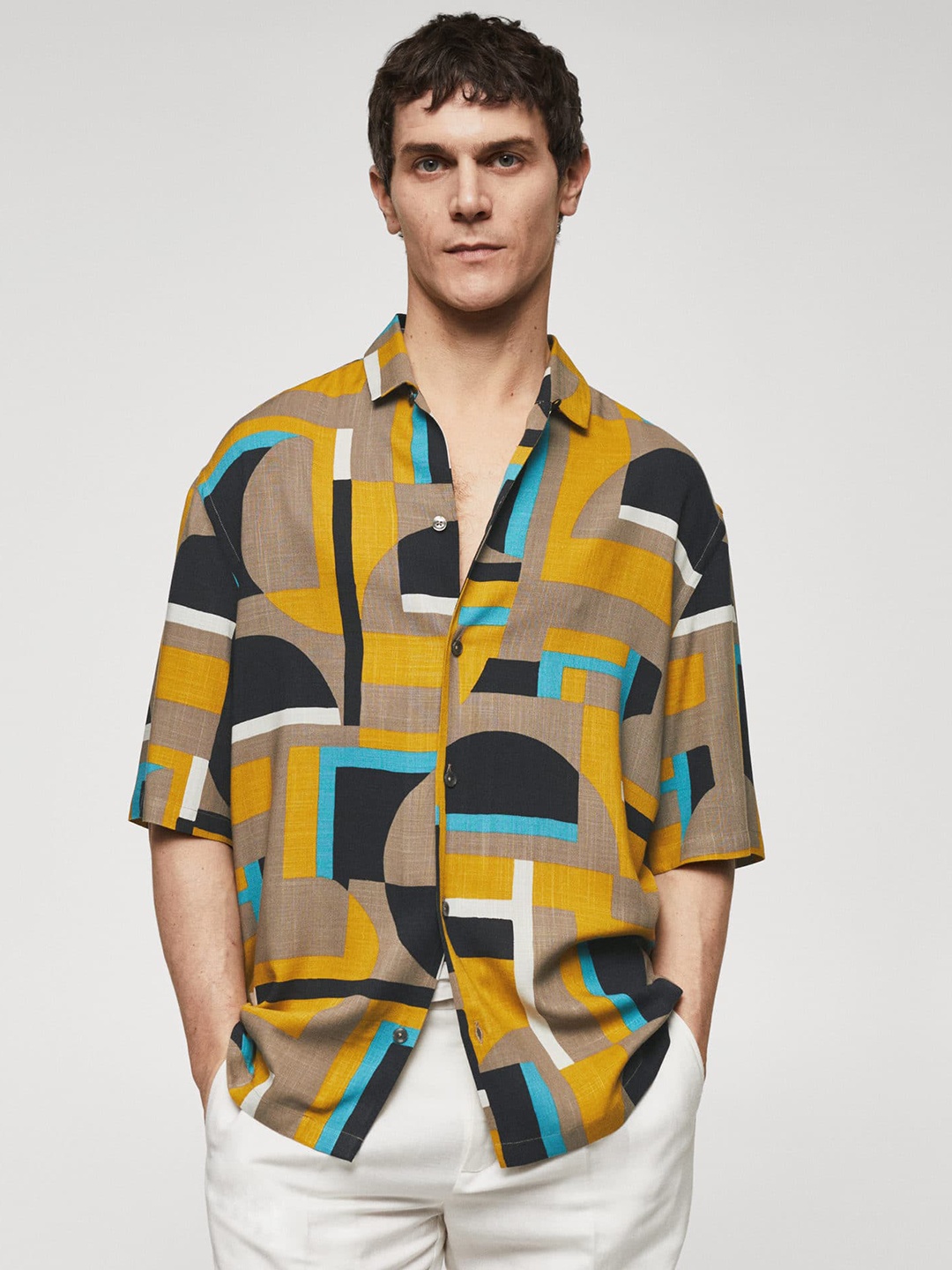 

MANGO MAN Oversized Geometric Printed Casual Shirt, Mustard