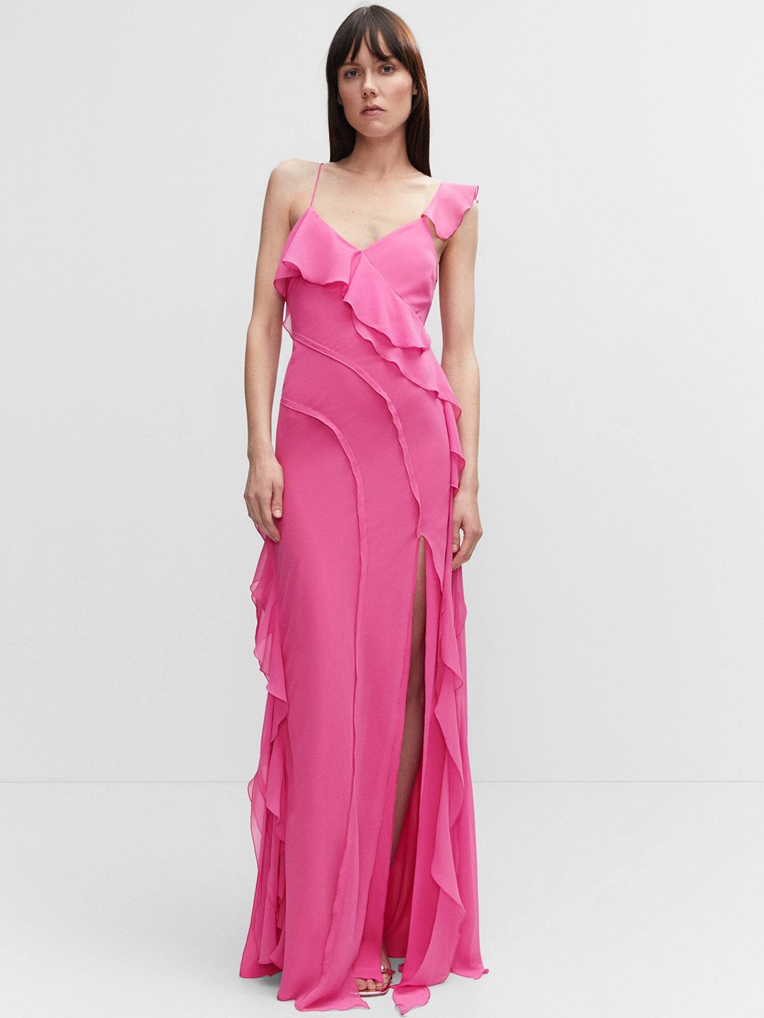 

MANGO High Slit Ruffled Open-Back Maxi Dress, Pink